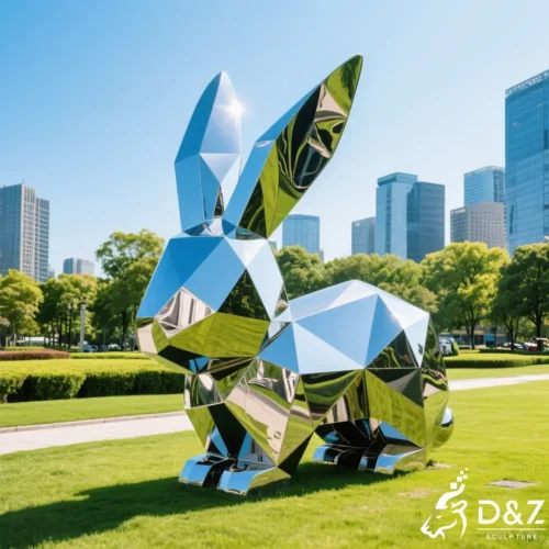 Metal bunny rabbit sculpture group for residential garden art display.