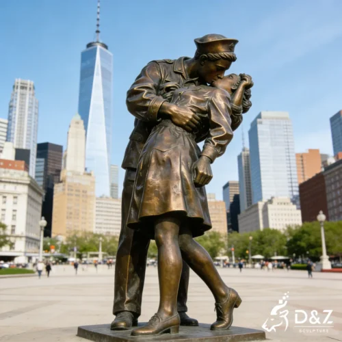 Life-size bronze soldier kissing nurse statue in a city square with skyscrapers.