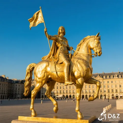 Large brass soldier statue of Joan of Arc on horseback in a public square.