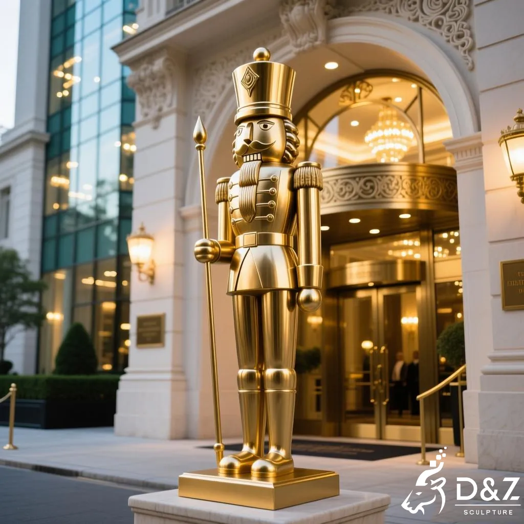 Life size bronze nutcracker soldier statue at luxury hotel entrance.
