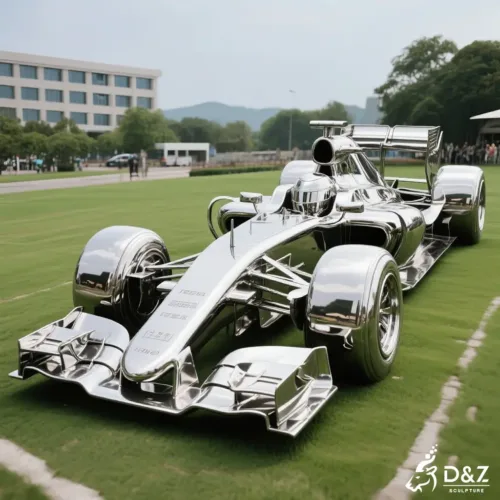 Bespoke silver chrome-finish classic race car sculpture for luxury showroom interior decor