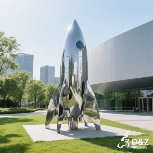 Futuristic-metal-rocket-sculpture-outdoor-science-museum-landmark