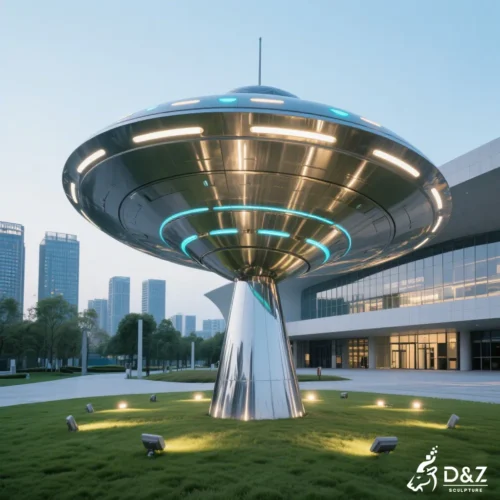 Giant ufo sculpture lamp for outdoor plazas with bright night-time illumination.