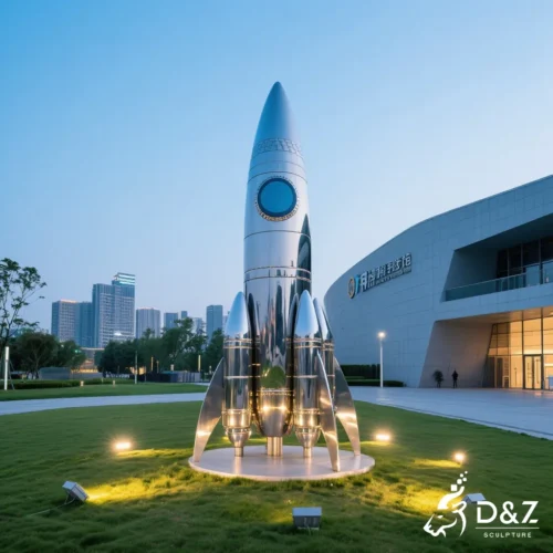 metal rocket sculpture with lighting in city plaza