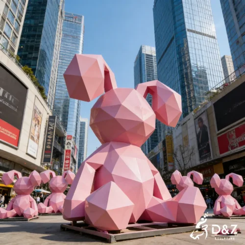 Metal rabbit garden sculpture pink finish outdoor art installation.