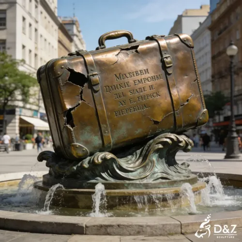 Bronze Suitcase Sculpture on Waves Urban Centerpiece Art DZN422-6