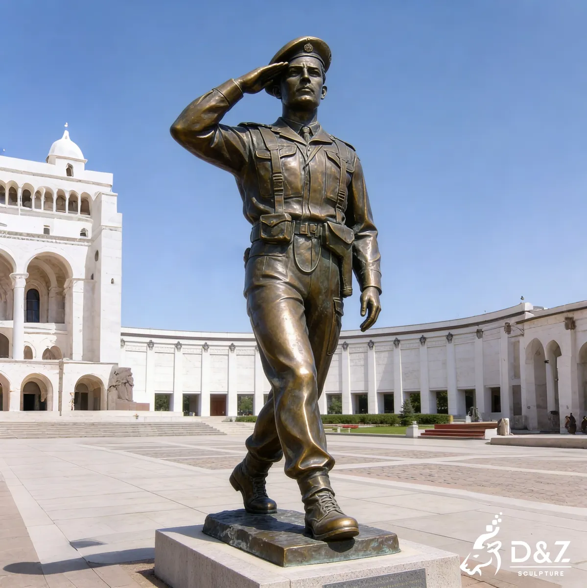 Majestic bronze saluting soldier statue for outdoor memorial space and veteran honor.