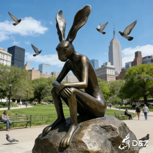 Large Outdoor Bronze Thinking Rabbit Sculpture on A Stone DZN442-2
