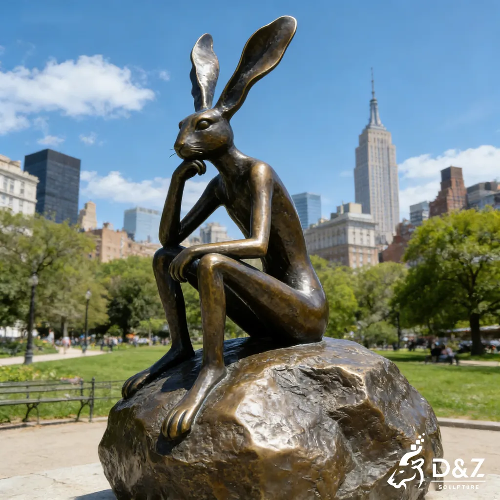 Large Outdoor Bronze Thinking Rabbit Sculpture on A Stone DZN442-1