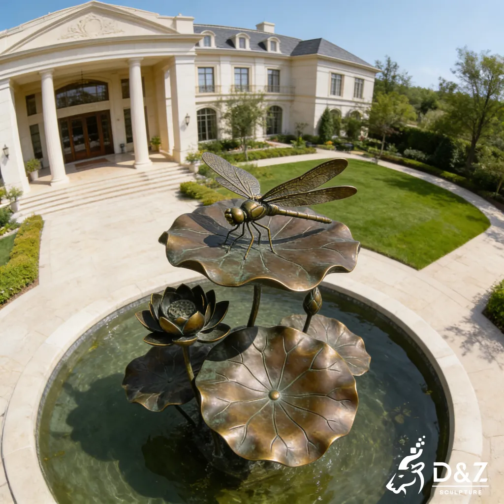 Custom Giant Bronze Dragonfly Sculpture Lotus Leaf Water Feature DZN469-4 Custom Giant Bronze Dragonfly Sculpture Lotus Leaf Water Feature DZN469-4