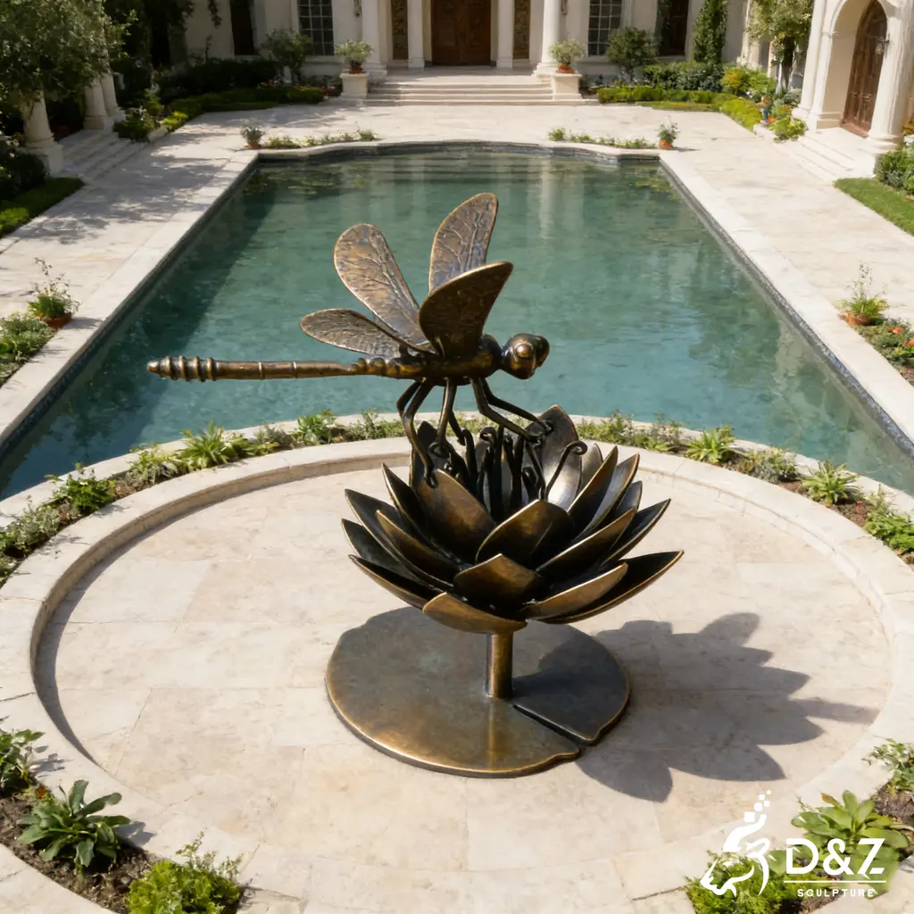 Custom Giant Bronze Dragonfly Sculpture Lotus Leaf Water Feature DZN469-6 Custom Giant Bronze Dragonfly Sculpture Lotus Leaf Water Feature DZN469-6