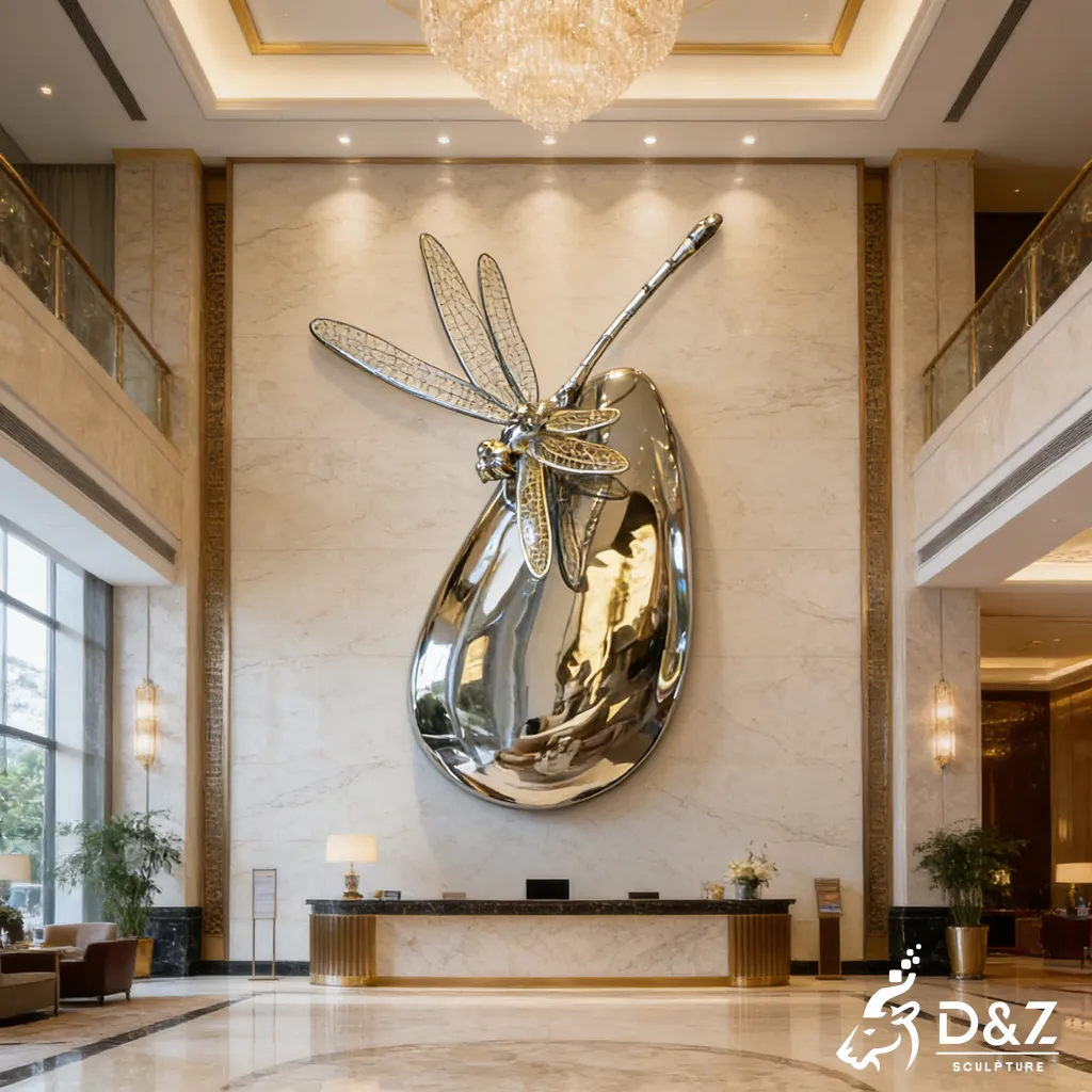 Large Metal Dragonfly Wall Sculpture on Mirror Pebble DZN470-3