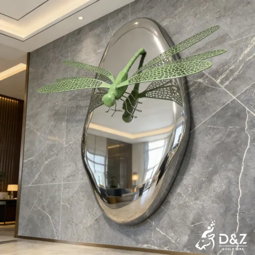 Large Metal Dragonfly Wall Sculpture on Mirror Pebble DZN470-5