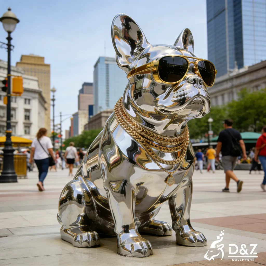 Luxury Chrome French Bulldog Sculpture Hip Hop Street Art DZN471-1 Luxury Chrome French Bulldog Sculpture Hip Hop Street Art DZN471-1