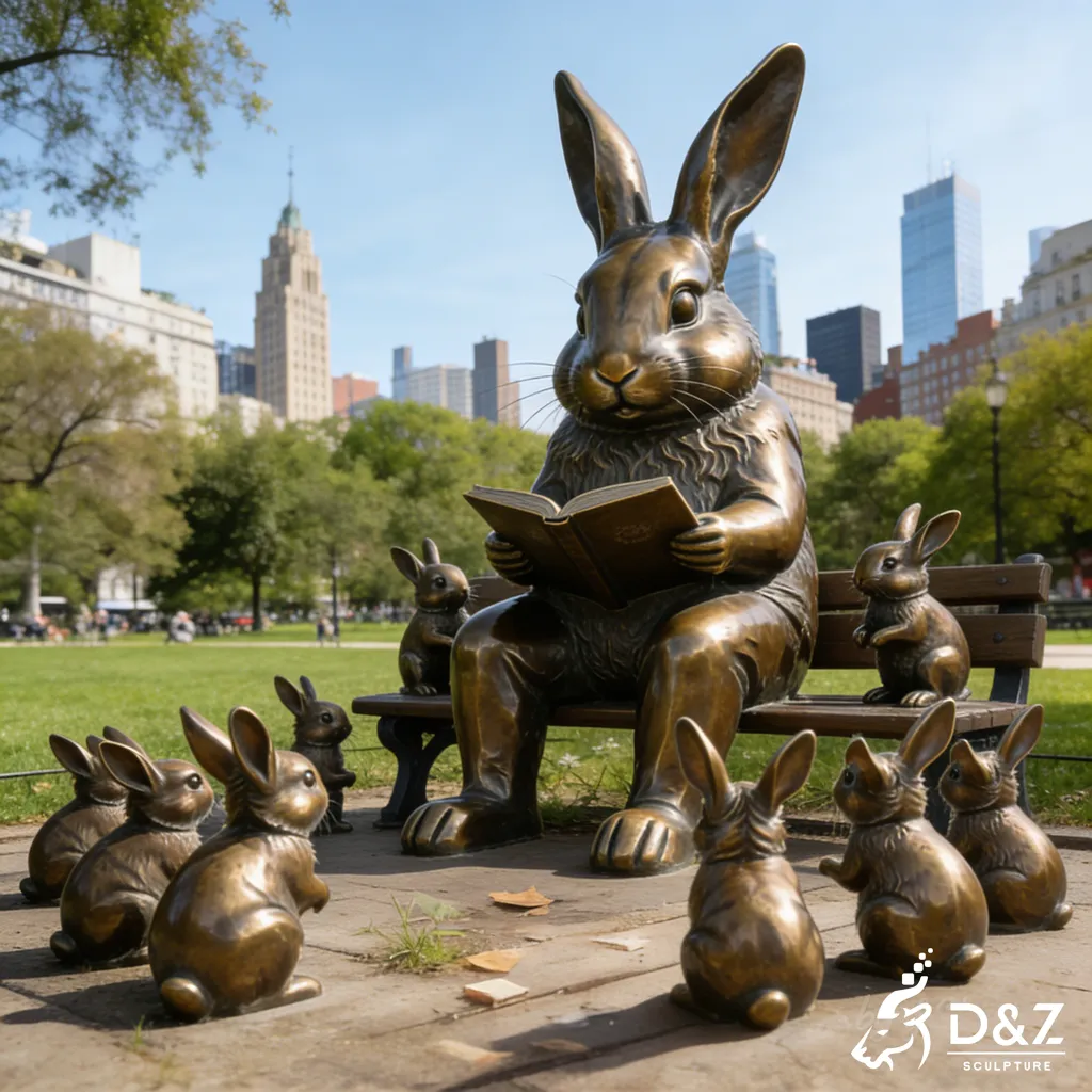 Large Bronze Rabbit Family Sculpture Park Decor of Animal DZN452-6