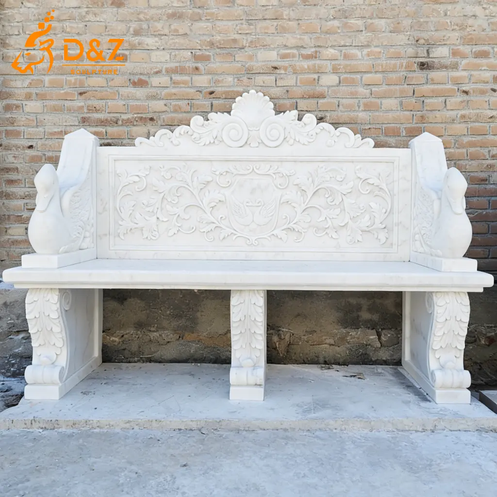 Luxury Hand-Carved Swan White Marble Bench for Garden DZN471-1