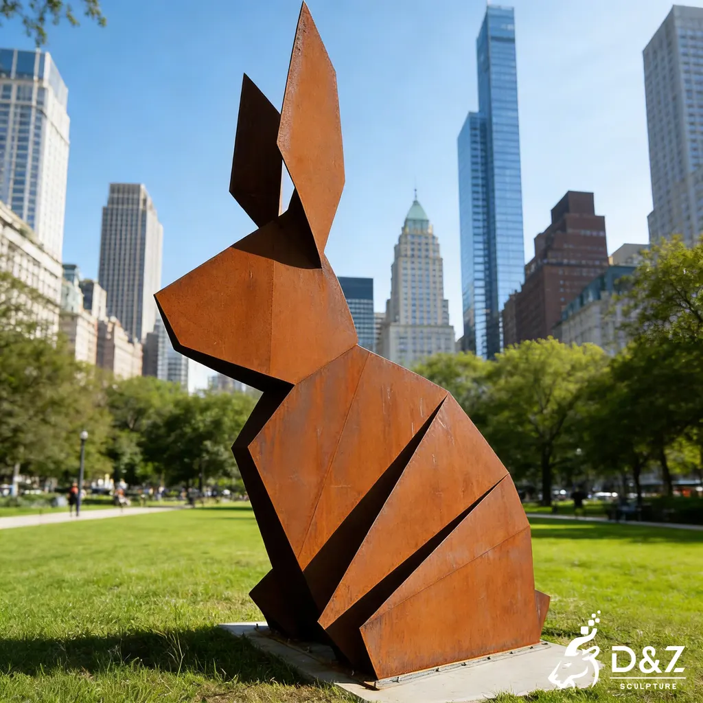 Large Geometric Corten Steel Abstract Rabbit Sculpture DZN453-1