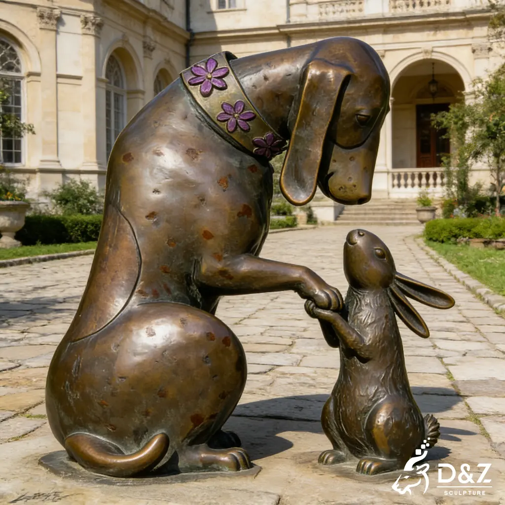 Whimsical Animal Bronze Rabbit and Dog Sculpture for Garden DZN456-2