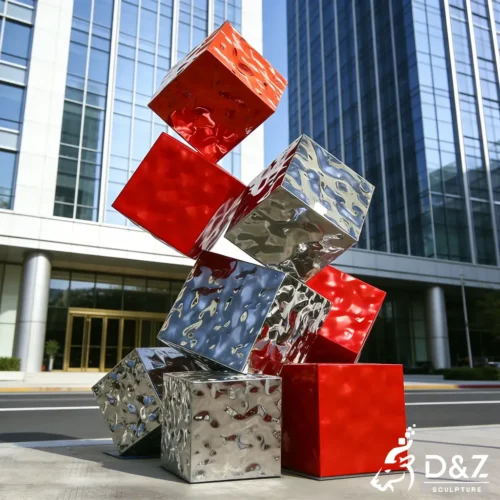 Modern Red Abstract Cube Sculpture Decor for Outdoor Plaza DZN523-1