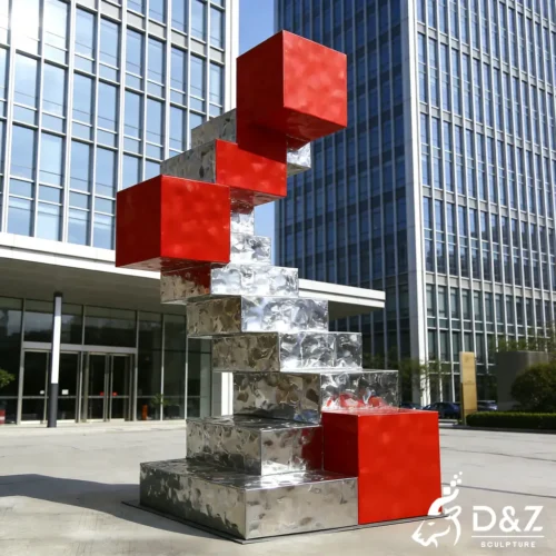 Modern Red Abstract Cube Sculpture Decor for Outdoor Plaza DZN523-5