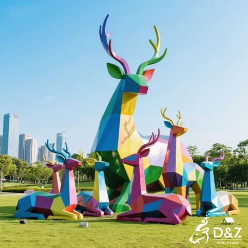Large Geometric Deer Family Statue for Outdoor Garden DZN510-7