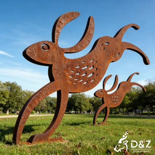 Corten Steel Leaping Modern Hare Sculpture Garden Art DZN529-3