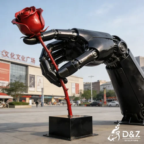 Modern Robot Hand Sculpture Holding Rose Outdoor Art 566-4