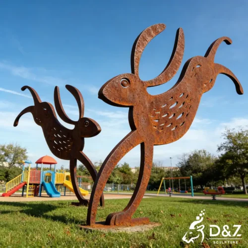 Corten Steel Leaping Modern Hare Sculpture Garden Art DZN529-8 Corten Steel Leaping Modern Hare Sculpture Garden Art DZN529-8
