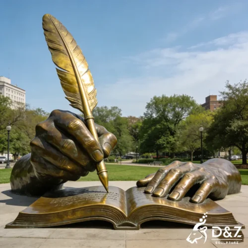 Large Bronze Hand Sculpture with Feather Pen Writing Art DZN559-5