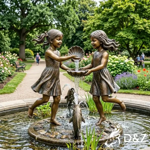 Bronze Twin Girls Garden Statue Fountain of Children Playing DZN618-1