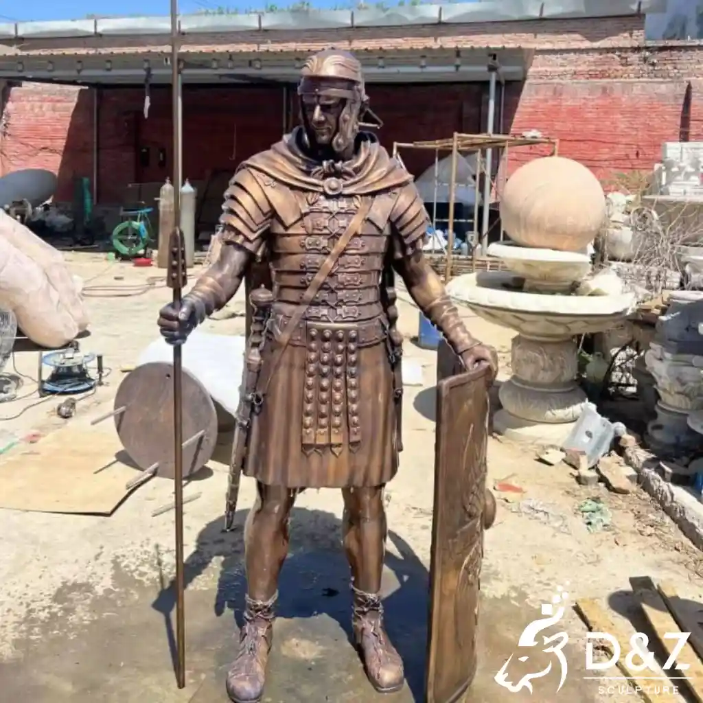 Bronze Roman Soldier Statue with Javelin and Shield Spartan Warrior DZN612-3