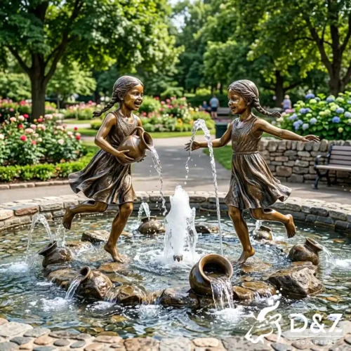 Bronze Twin Girls Garden Statue Fountain of Children Playing DZN618-5