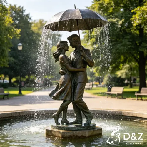 Bronze Dancing Couple Water Fountain With Umbrella Boy And Girl DZN587-7-dancing couple water fountain