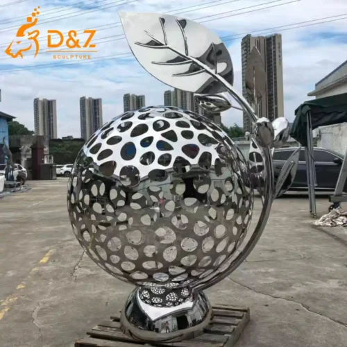 Metal Sphere Garden Sculpture With Leaf for Outdoor Decor DZN625-1