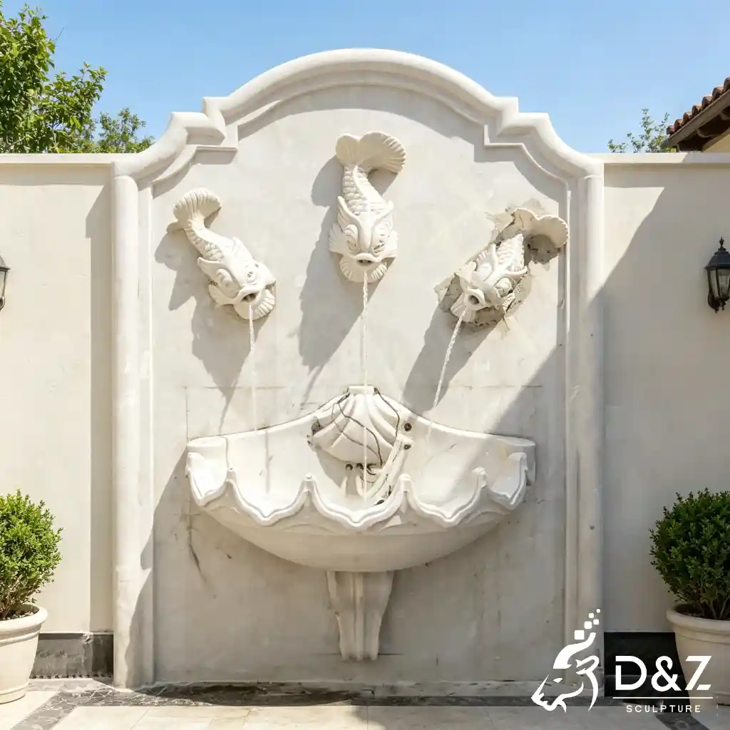 European Baroque White Marble Wall Fountain for Garden Decor DZN668-6 European Baroque White Marble Wall Fountain for Garden Decor DZN668-6