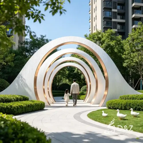 Large White Metal Moon Gate Sculpture | Public Art Arch Sculpture 1