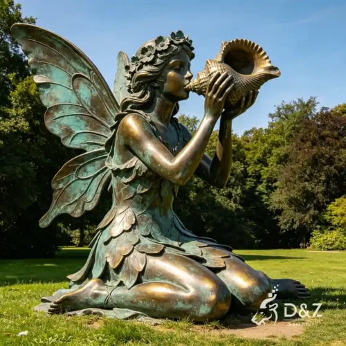 Large Bronze Blowing Conch Garden Fairy Statues | Custom Outdoor Fairy Statue 1