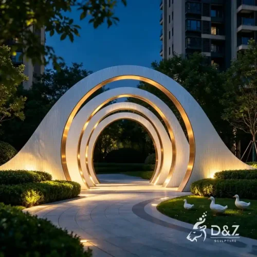 Large White Metal Moon Gate Sculpture | Public Art Arch Sculpture 2