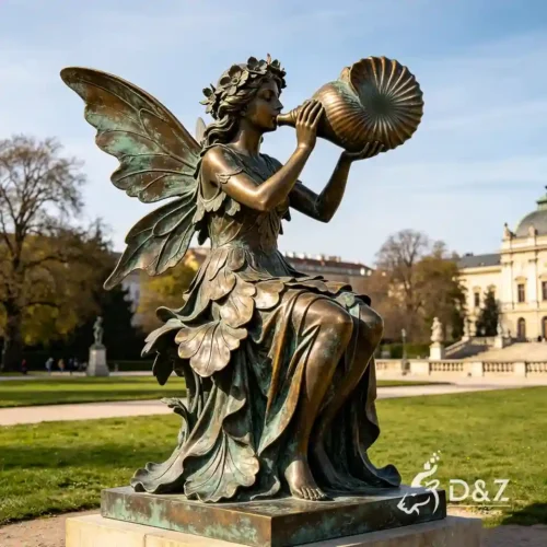 Large Bronze Blowing Conch Garden Fairy Statues | Custom Outdoor Fairy Statue 2