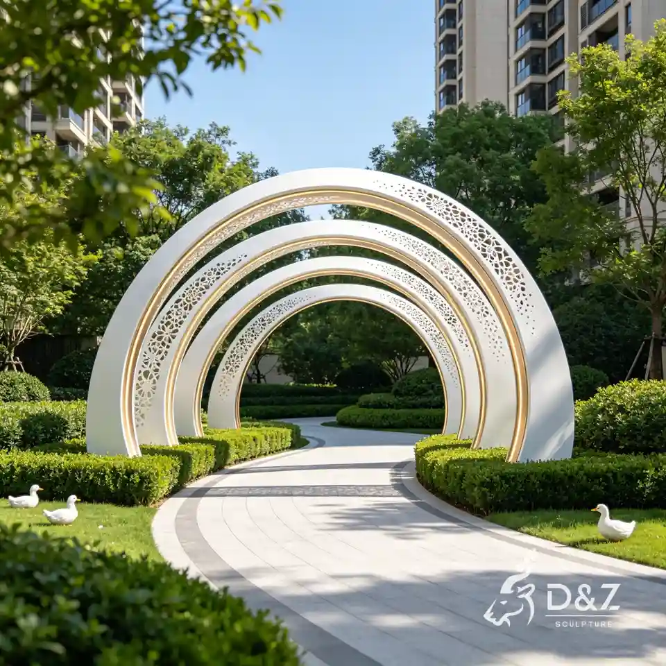Large White Metal Moon Gate Sculpture | Public Art Arch Sculpture 3 Large White Metal Moon Gate Sculpture | Public Art Arch Sculpture 3