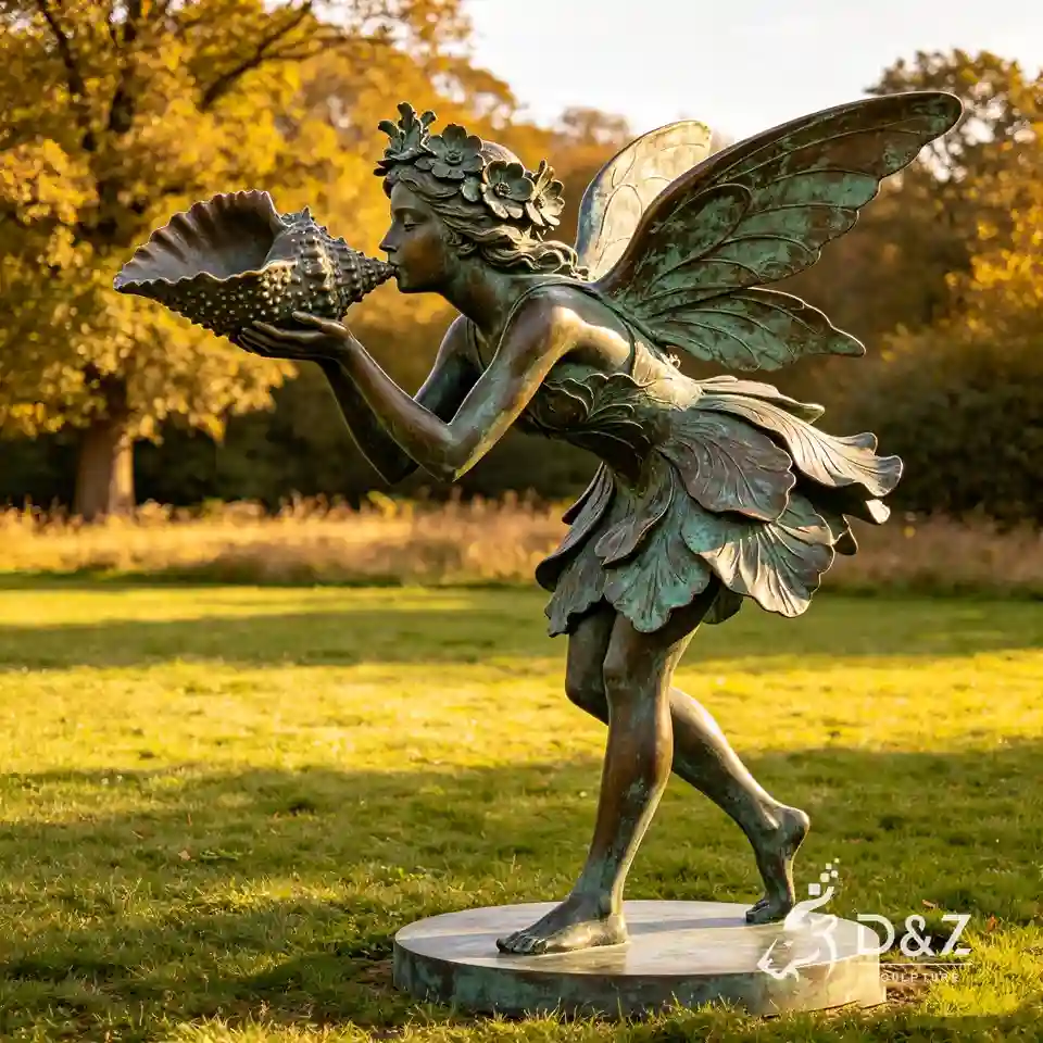 Large Bronze Blowing Conch Garden Fairy Statues | Custom Outdoor Fairy Statue 6