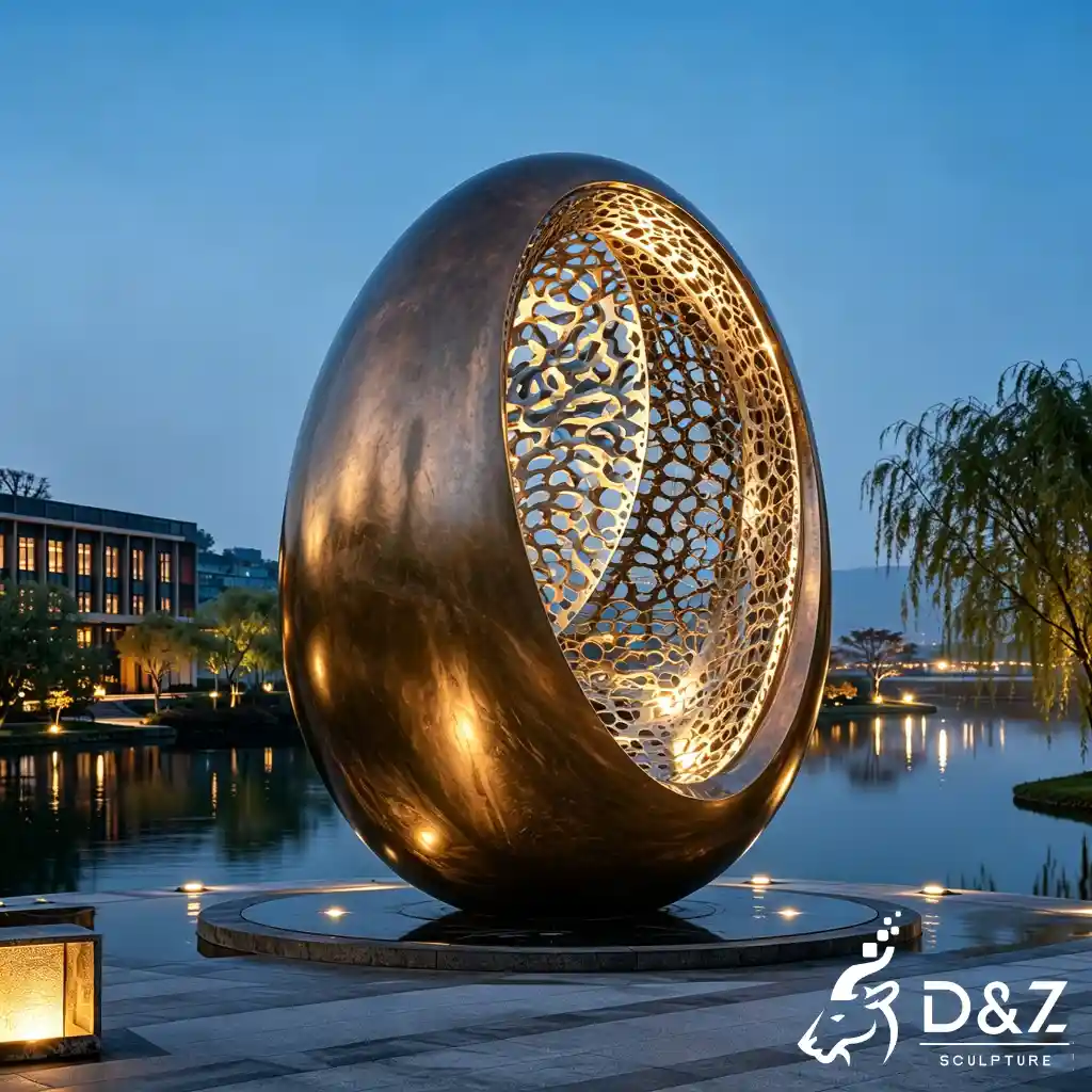 Modern Abstract Bronze Sculpture Hollow Egg Outdoor LED Art DZN680-1