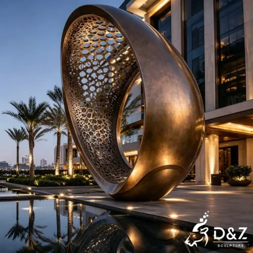 Modern Abstract Bronze Sculpture Hollow Egg Outdoor LED Art DZN680-2