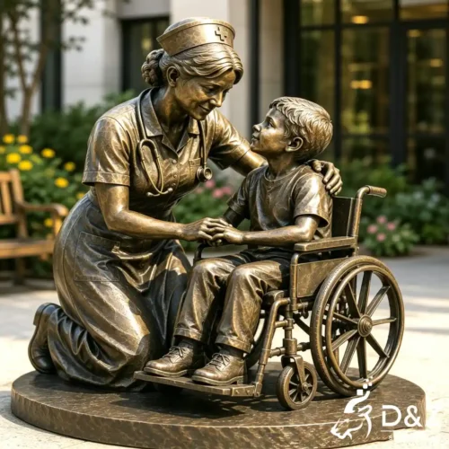 Bronze Nurse Statue Kid on Wheelchair Hospital Memorial Art DZN689-1