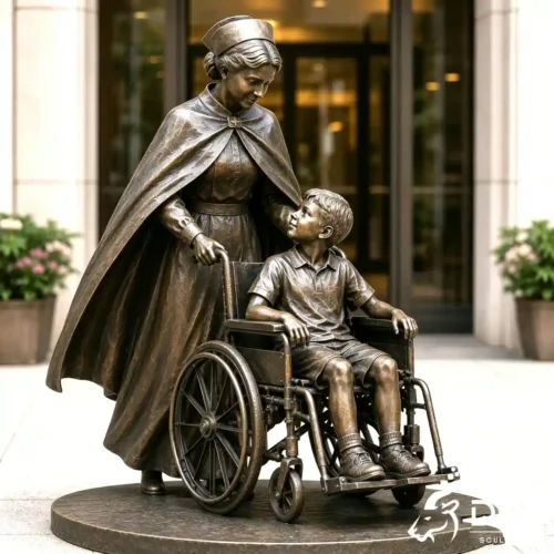 Bronze Nurse Statue Kid on Wheelchair Hospital Memorial Art DZN689-2