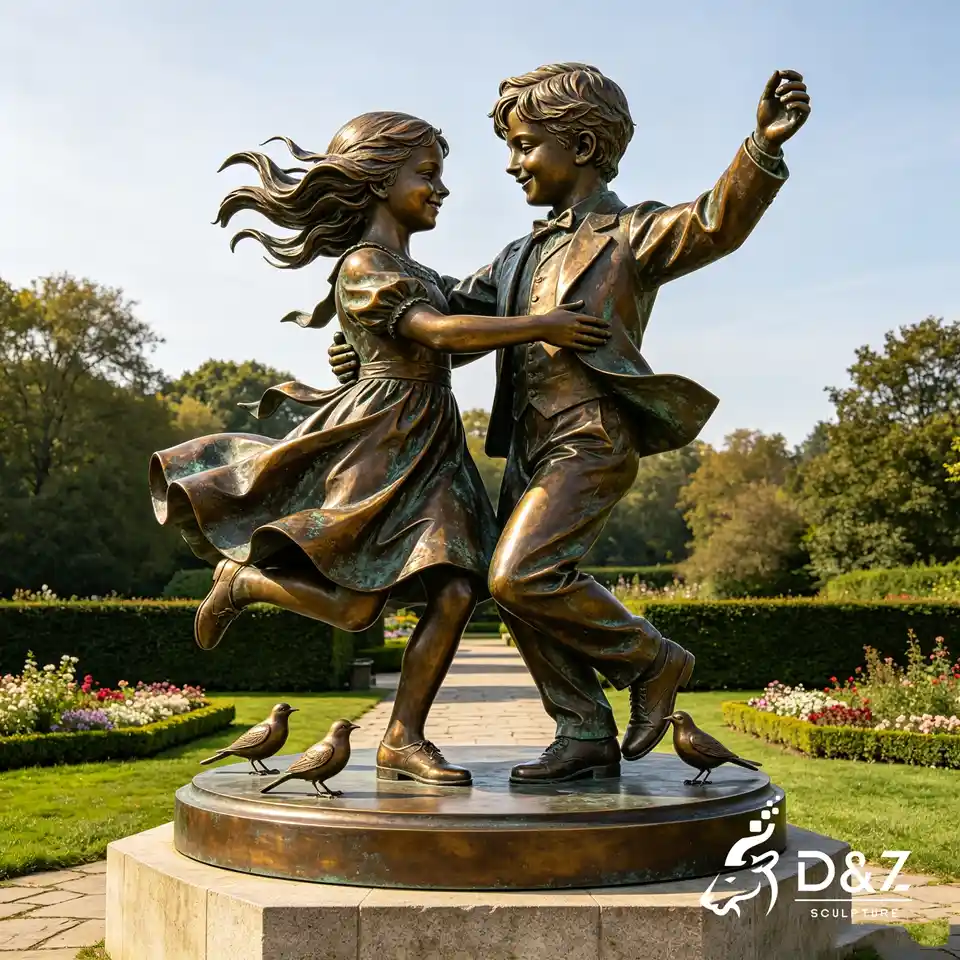 Dancing Bronze Children Statues | Romantic Boy Girl Dancing Sculpture for Garden 1 Dancing Bronze Children Statues | Romantic Boy Girl Dancing Sculpture for Garden 1