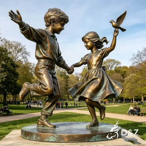Dancing Bronze Children Statues | Romantic Boy Girl Dancing Sculpture for Garden 2