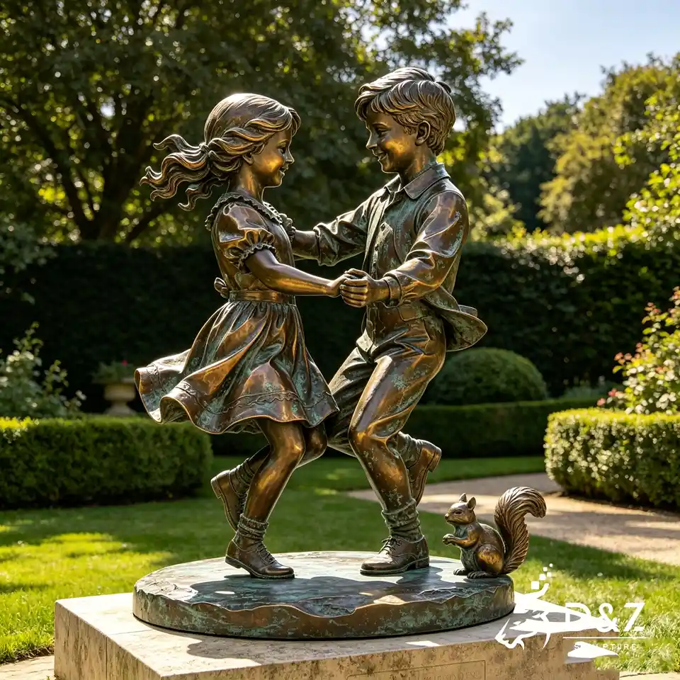 Dancing Bronze Children Statues | Romantic Boy Girl Dancing Sculpture for Garden 3 Dancing Bronze Children Statues | Romantic Boy Girl Dancing Sculpture for Garden 3