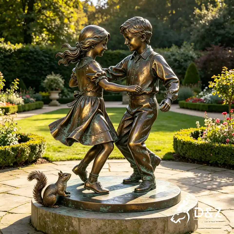 Dancing Bronze Children Statues | Romantic Boy Girl Dancing Sculpture for Garden 4 Dancing Bronze Children Statues | Romantic Boy Girl Dancing Sculpture for Garden 4