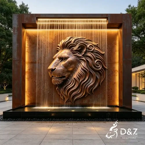 Bronze Lion Head Wall Fountain | Large Corten Steel Fountain Sculpture 2